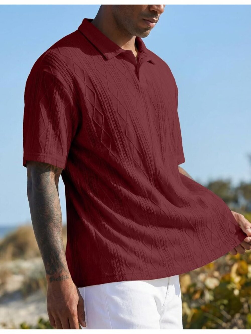 Men's Burgundy Short Sleeve Casual Golf Beach Button Summer Textured Polo Shirt - Picture 3 of 6